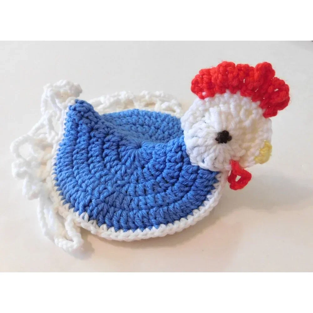 Crochet Chicken Pot Holder Handcrafted 7" Diameter Blue White Farmhouse Kitchen - Picture 4 of 5